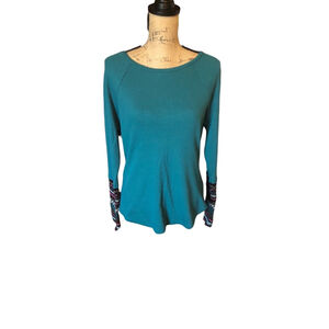 BeachLunchLounge Waffle Knit Thermal Top Knit Cuffs, Size Medium, Turquoise